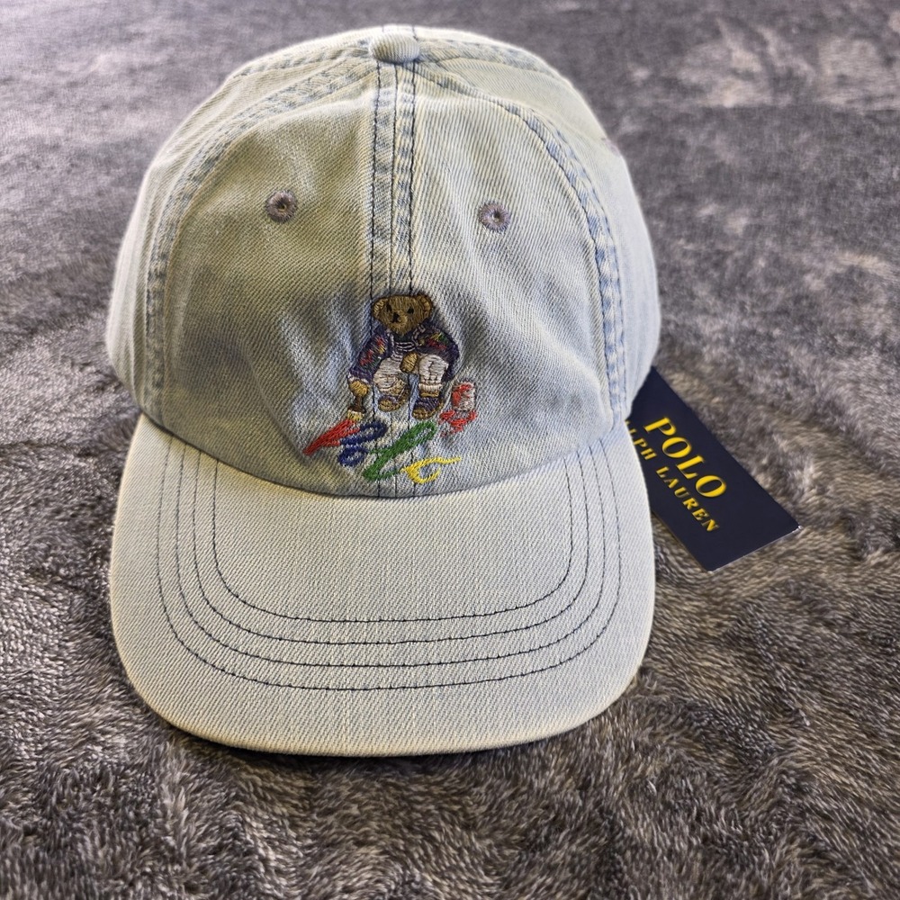 Ralph Lauren Polo Bear Denim Ball Cap‎ Hat OS Blue Painting Bear Leather Strap